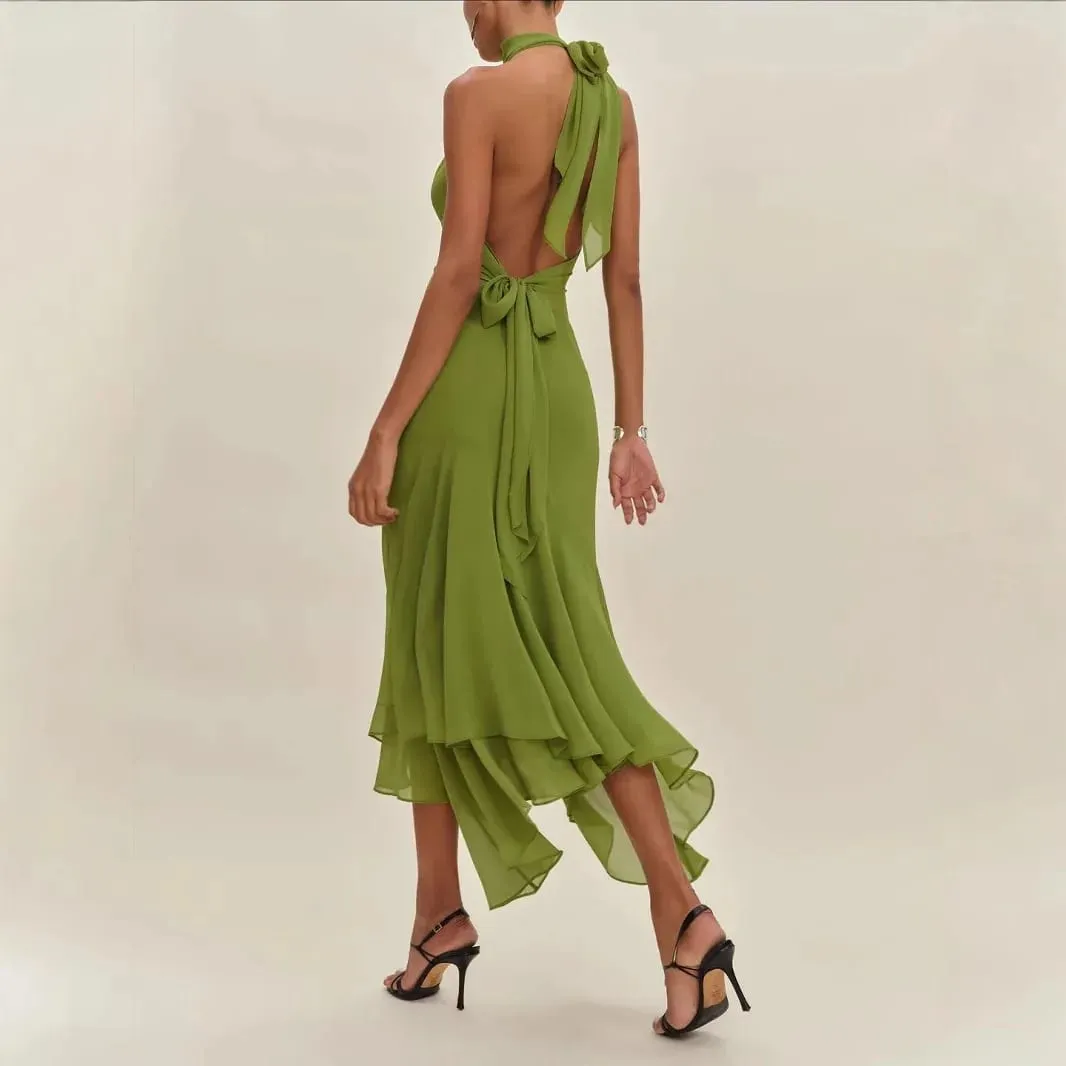 Temperament Halter Neck Long Dresses Women Green Backless Leace-up Irregular Package Hip Party Dress Elegant Banquet Vestidos