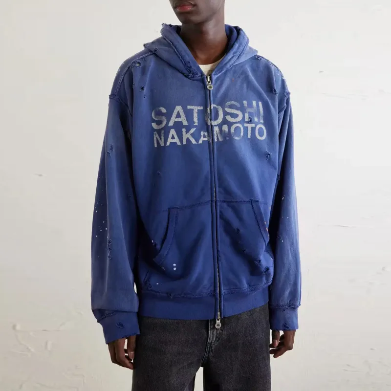 High Street Washed Retro Distressed Ink Splatter Zipper Hooded Hoodie for Men and Women Cardigan Terry Baggy Sweatshirts