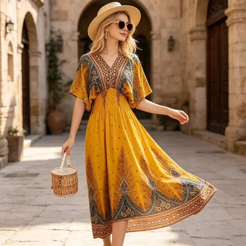 Boho Holiday Women V-Neck Batswing Short Sleeve A-Line Midi Dresses Slim Elastic Waist Casual Vintage Office Lady Elegance Dress