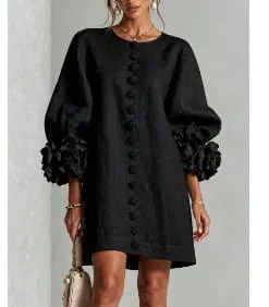 Women Spring Autumn 3D Flower Long Lantern Sleeve Cotton Linen Mini Dress Solid Crew Neck Loose Elegant Daily Wear Short Dress — image 9
