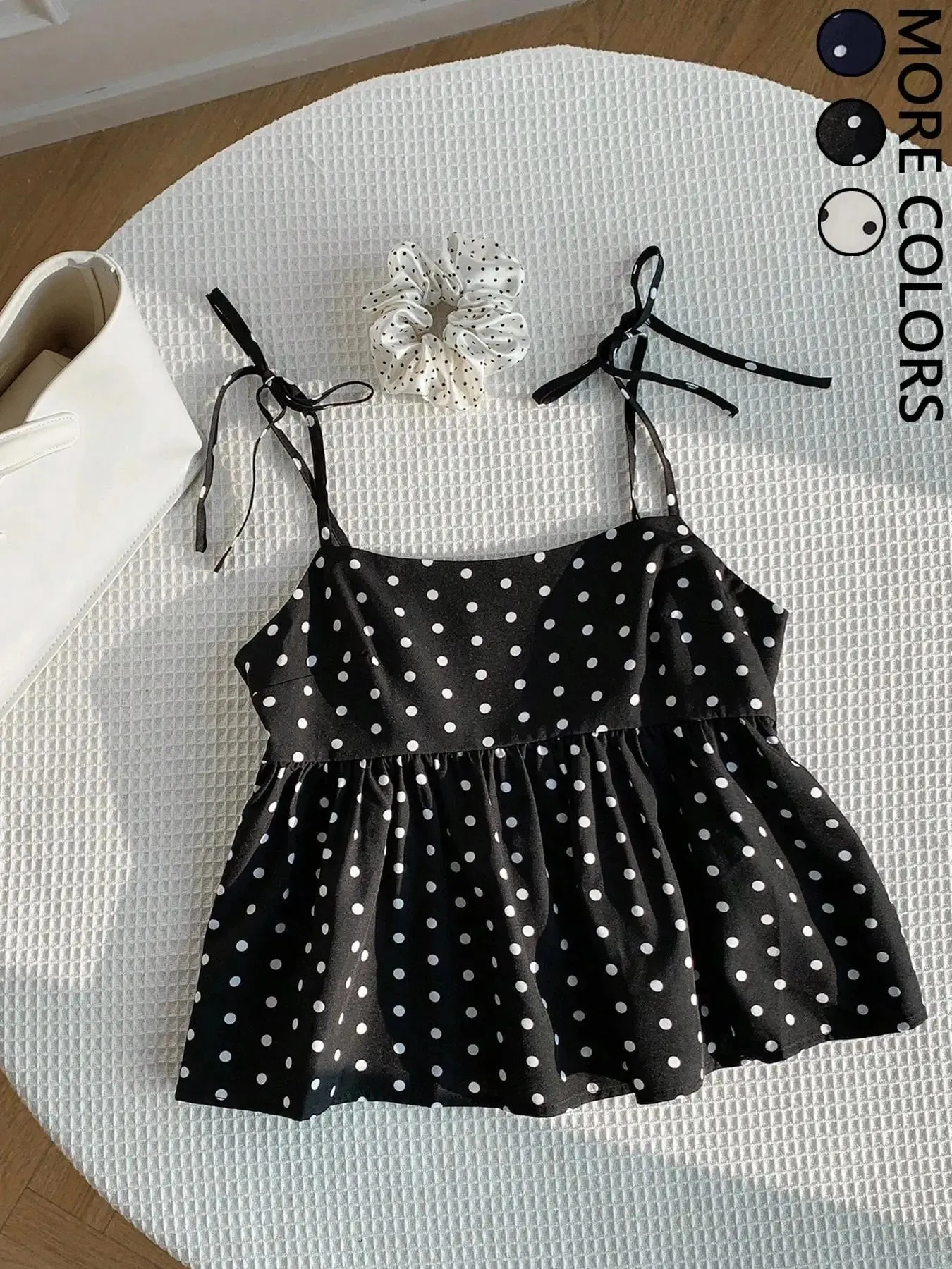 Women's Polka Dot Crop Cami With Spaghetti Straps And Flared Hem Polka Dot Camisole Babydoll Top Babydoll Tops Polkadot Top Cute — image 7