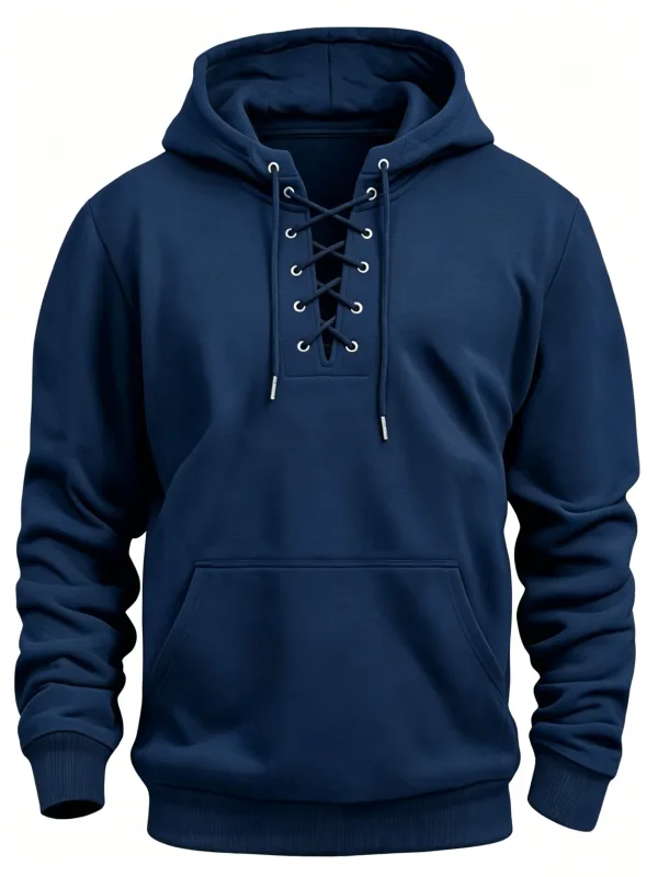 Autumn Fashion Mens Hooded Sweatshirts Lace-up Drawstring Long Sleeve Loose Hoodies Men Streetwear Vintage Solid Color Hoodies