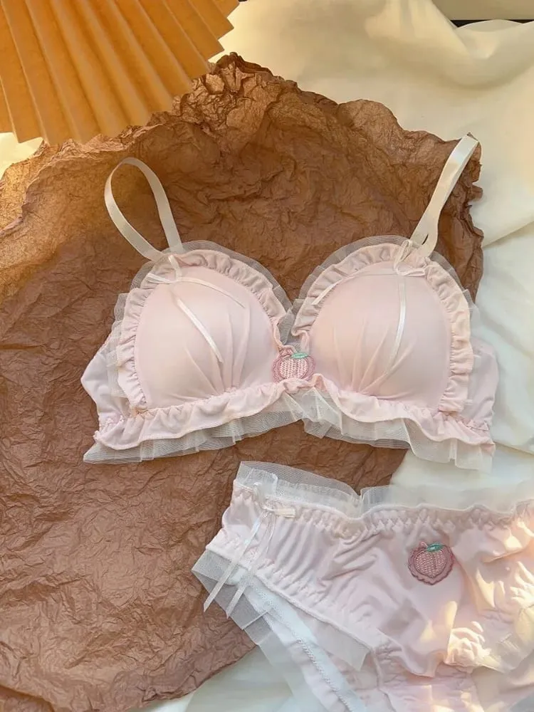 Sweet Kawaii Girl French Pure Mesh Triangle Bra Set Sheer See Through Non-Wired Thin Soft Lace Bra Panties S-XL Hot Sale Set