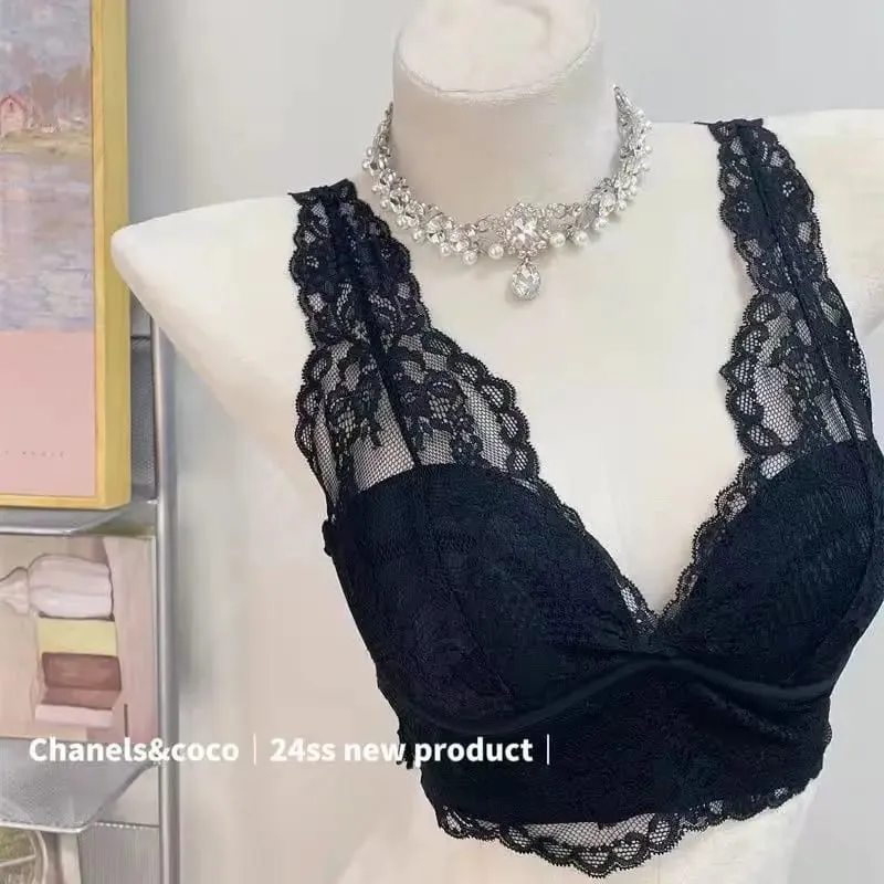 French Lace Lingerie Gathered Without Steel Rims White Inner Layer Layered Camisole Vest Bra Set Without Buttons Gather Toge