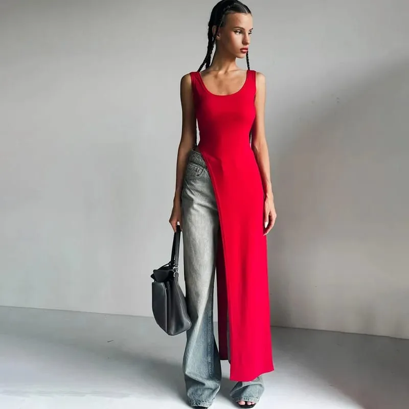 Sexy sleeveless side high slit dress solid color back free women's MIDI dress summer party club streetwear y2k — image 9