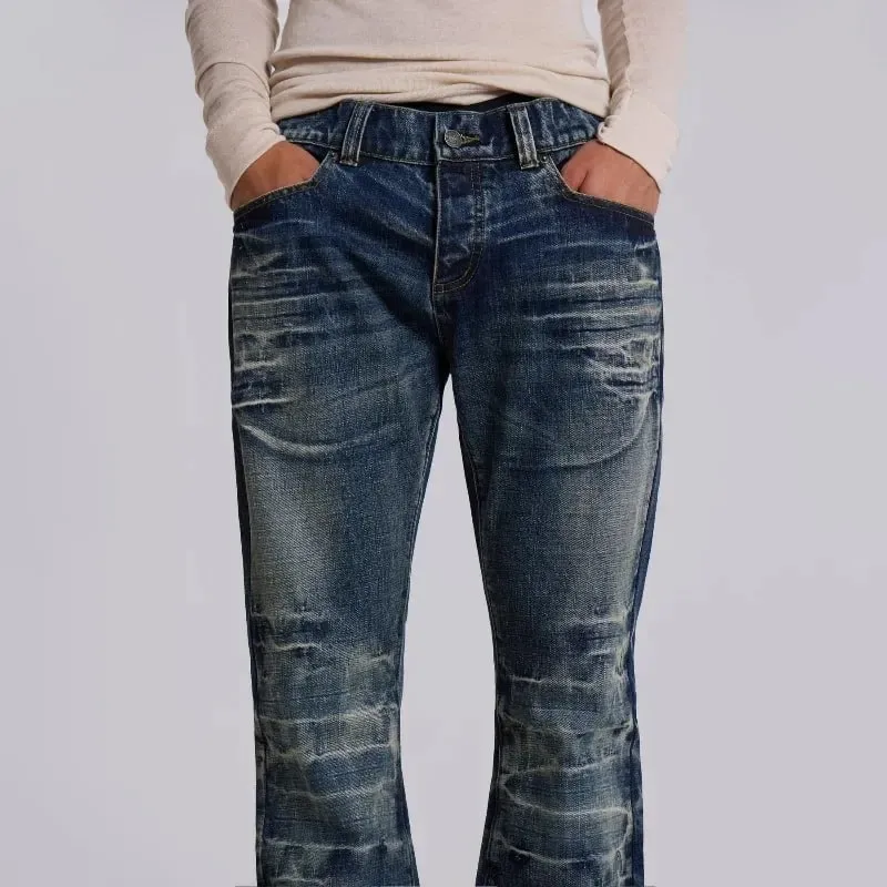 Y2K Mid Blue Flared Jeans Vintage Washed Men Women Bootcut Jeans Gothic High Street Unisex Streetwear Retro Baggy wide leg Pants