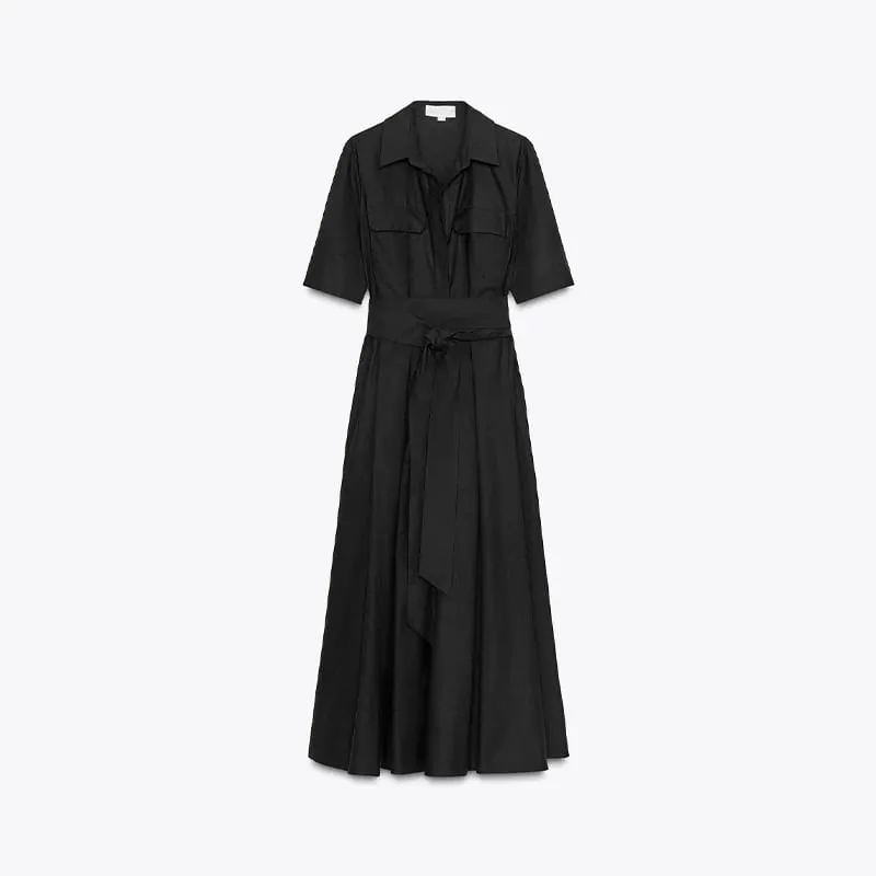 Elegant Belt Women Long Black Dress Full Sleeve Pleated Lapel Waist-Closed Female A Line Dresses 2026 Spring Lady Robes New