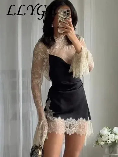 Elegant Lace Patchwork Short Dress Women See Through High Collar Flare Sleeve Party Dresses 2025 Autumn Lady Evening Robes — image 5