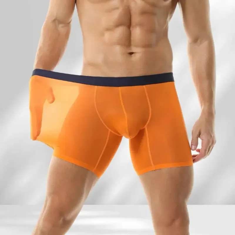 Men Boxer Underwear Elastic Mid-Waist Design Breathable Ultra Thin Seamless Shorts Panties Patchwork Color U-Convex Panties