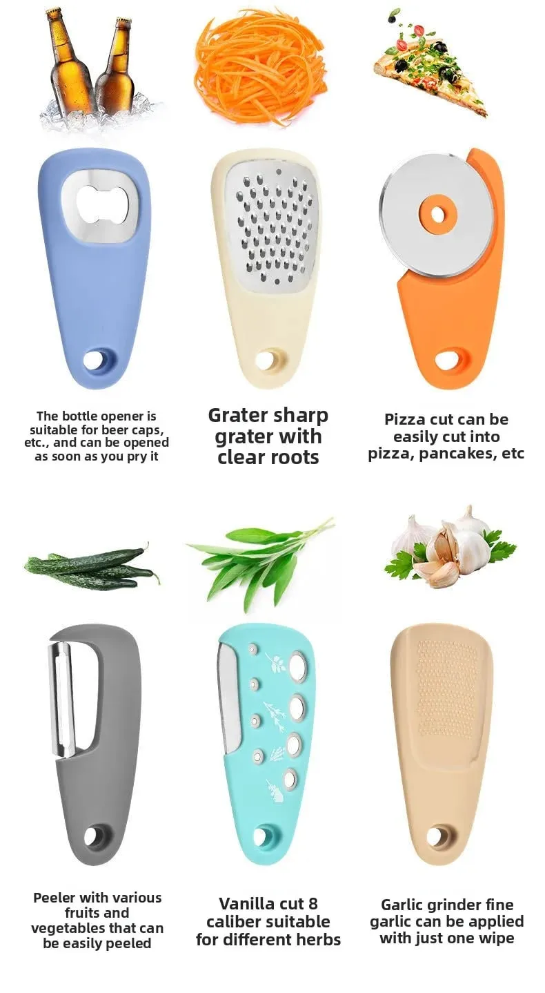 Küchenhelfer-Set bestehend aus 6-teiligem Pizzamesser, Vanilleschneider, Abfüller, Zerkleinerer, Knoblauchmühle