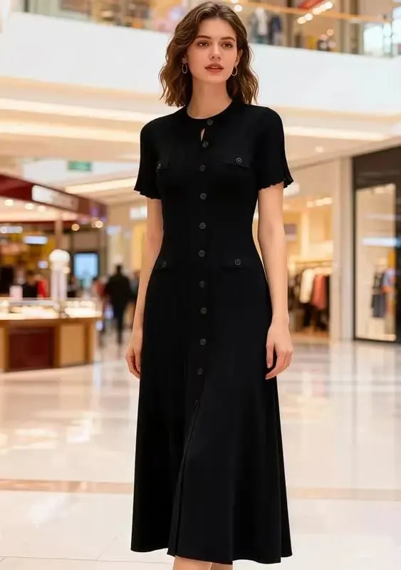 Summer Elegant Lady Knitted Single Breasted Long Dresses Women Solid Short Sleeve O Neck Button Bodycon Party Female Vestidos