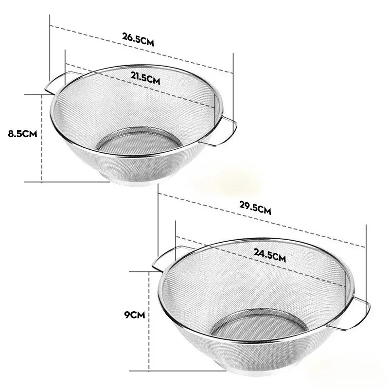 2db 21cm+ 24cm rozsdamentes acél leeresztő kosár konyhai kosár fogantyúval Zöldségmosó kosár Rizsszűrő Szűrő