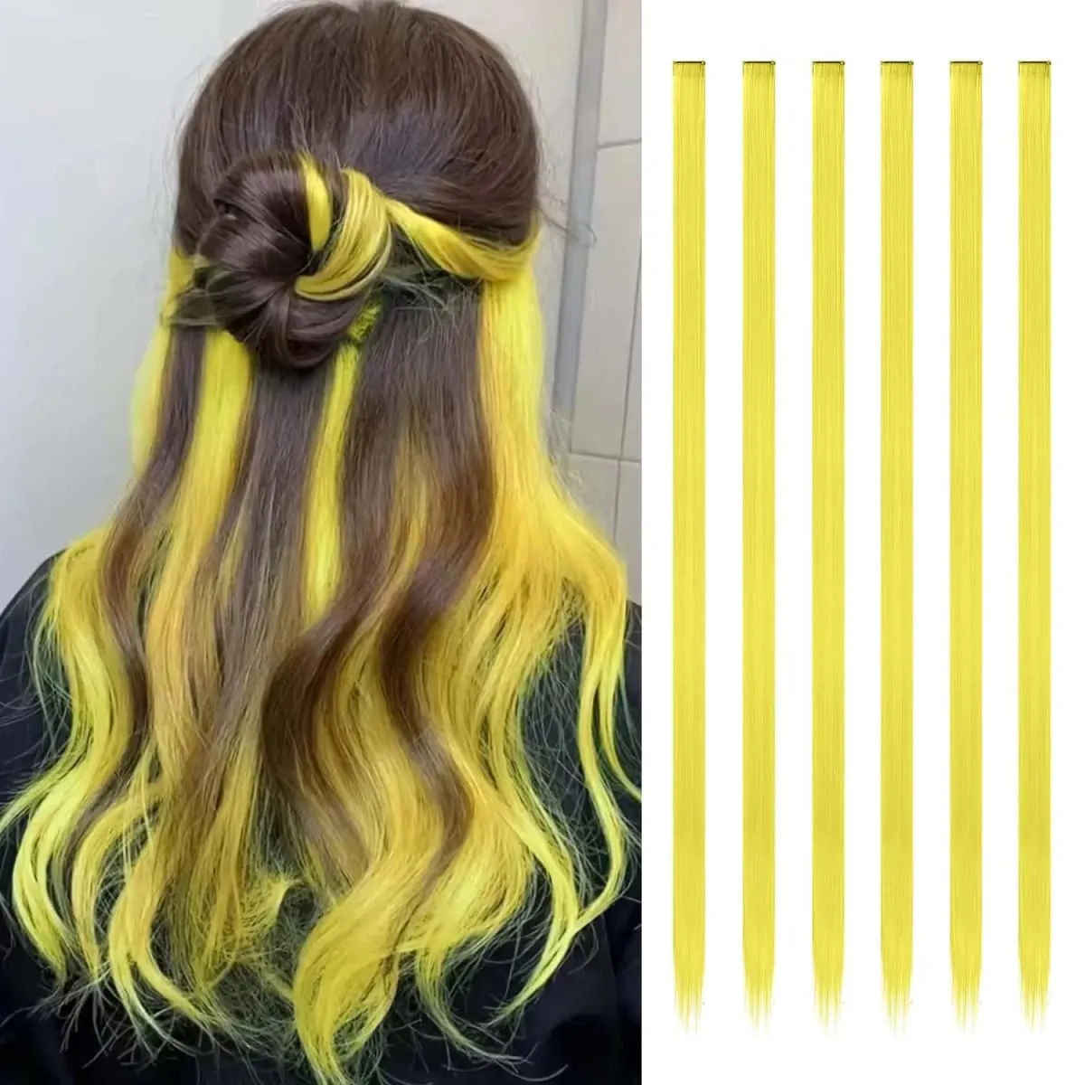 6 Pcs Clip Extensions Synthetic 24 Inch Colored Hair Extensions Party Highlights Long Straight Hairpieces for Women Kids Girl