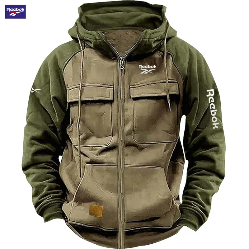 2026 Reebok New Autumn-Winter Men's Hooded Patchwork Casual Sweatshirt Loose-Fit Fashionable Youth Multi-Pocket Padded Hoodie