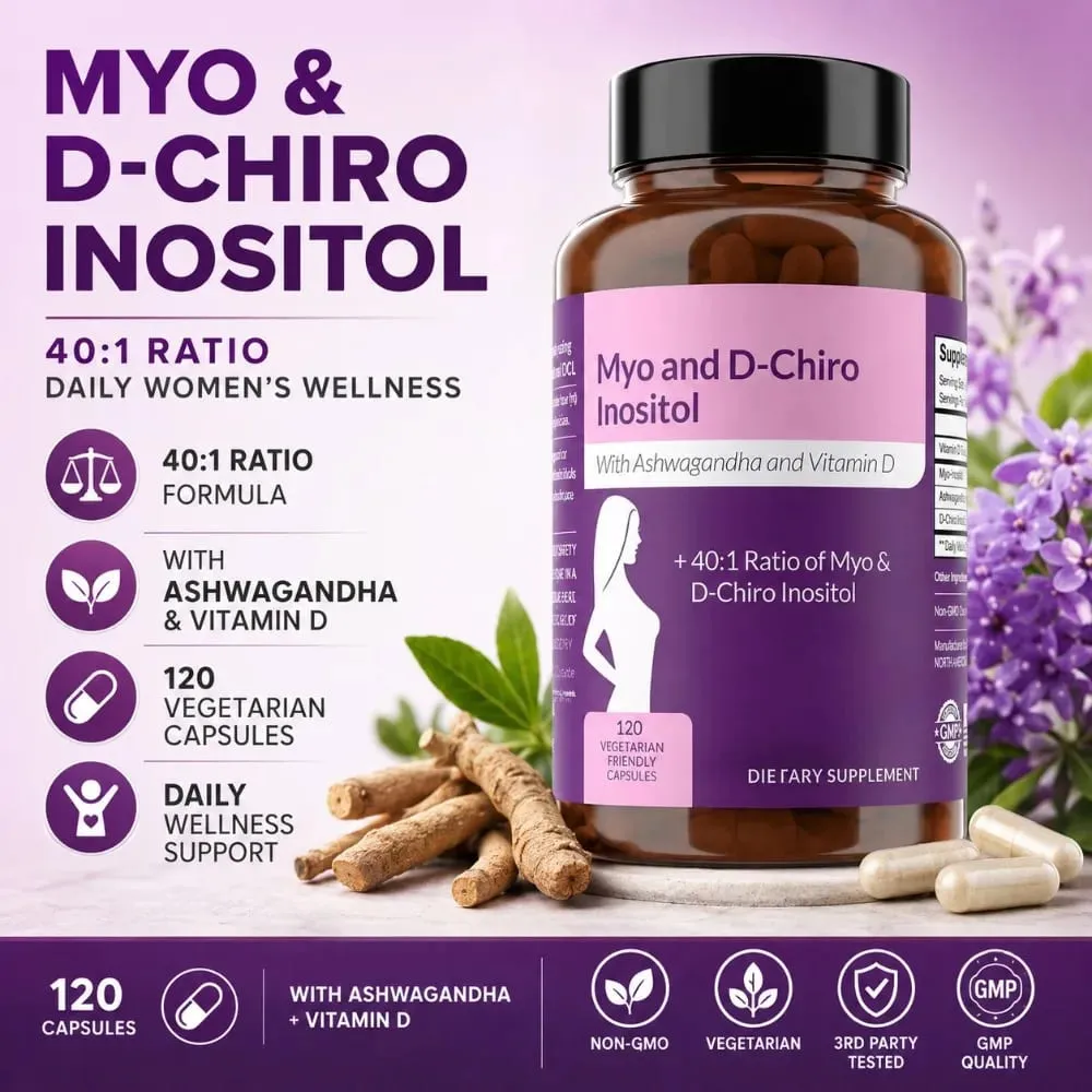 40:1 Myo-Inositol- und D-Chiro-Inositol-Kapseln Vitamin D3 Ashwagandha 120 Stück tägliche Wellness-Ergänzung