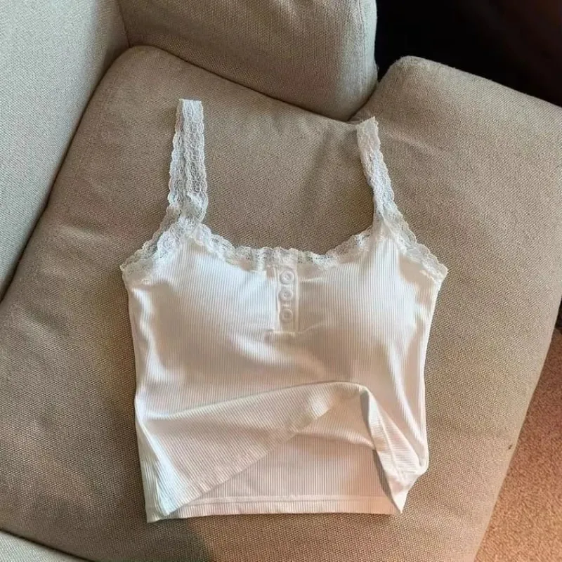 Sexy White Knit Camisole Lace Tank Top Cropped Vest Women's Sleeveless Crop Tops with Chest Pad Y2k Cute Summer Slim Undershirt