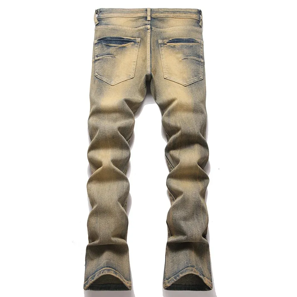 Men's Crystal Patch Denim Jeans Streetwear Rhinestone Boot Cut Pants Vintage Retro Blue Slim Flared Trousers