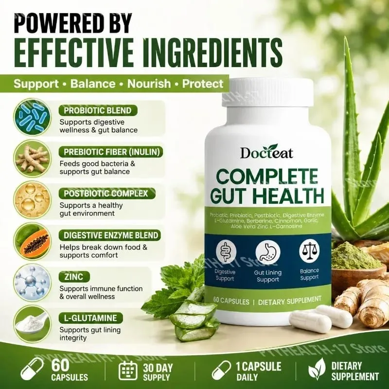 Docteat Complete Gut Health Capsules with Probiotic Prebiotic Postbiotic Digestive Enzymes for Gut Balance & Digestion 60 Count