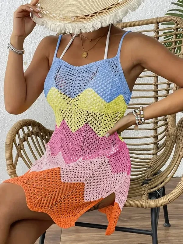Women's Elegant Rainbow Stripes Dress Sexy Sleeveless Beachwear Colorful Tropical Vacation Style Tube Top Gown