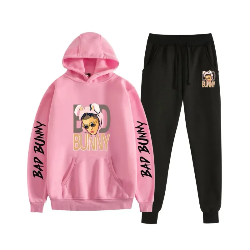 Harajuku Comfortable bad bunny Print Sweatshirt Sweatpants Suit Women's Hoodies+ Trousers Suit Boys/Girls 2 Piece Set Clothes