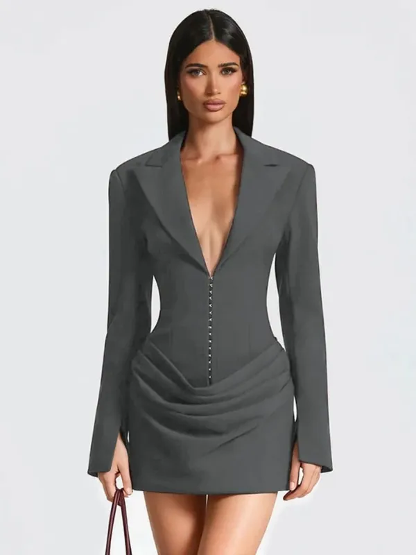 Chaxiaoa Long Sleeve Deep V Neck Ruched Sexy Mini Dress Women Autumn Winter Fashion High Waist Club Party Blazer Dresses Female
