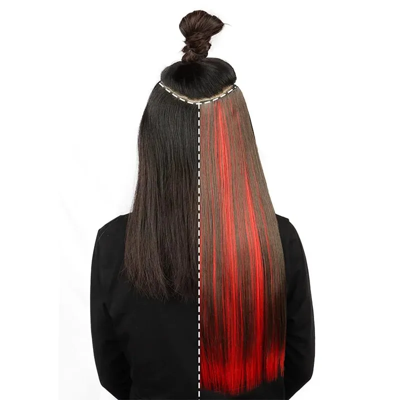 Synthetic 24Inch Long Straight One Piece Rainbow Highlight Clip In Hair Extensions for Women Daily Use Easy Wear