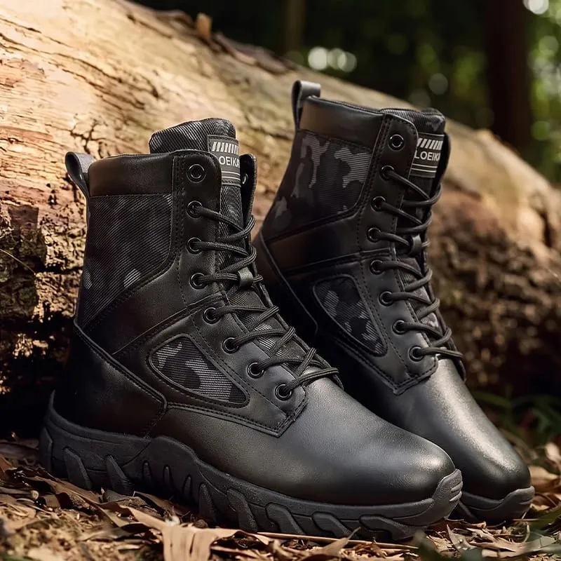 Men High‑top Casual Boots Lace‑up PU Fabric Splicing Rugged Non‑slip Thick Sole Shoes For Daily Street Walking All Season
