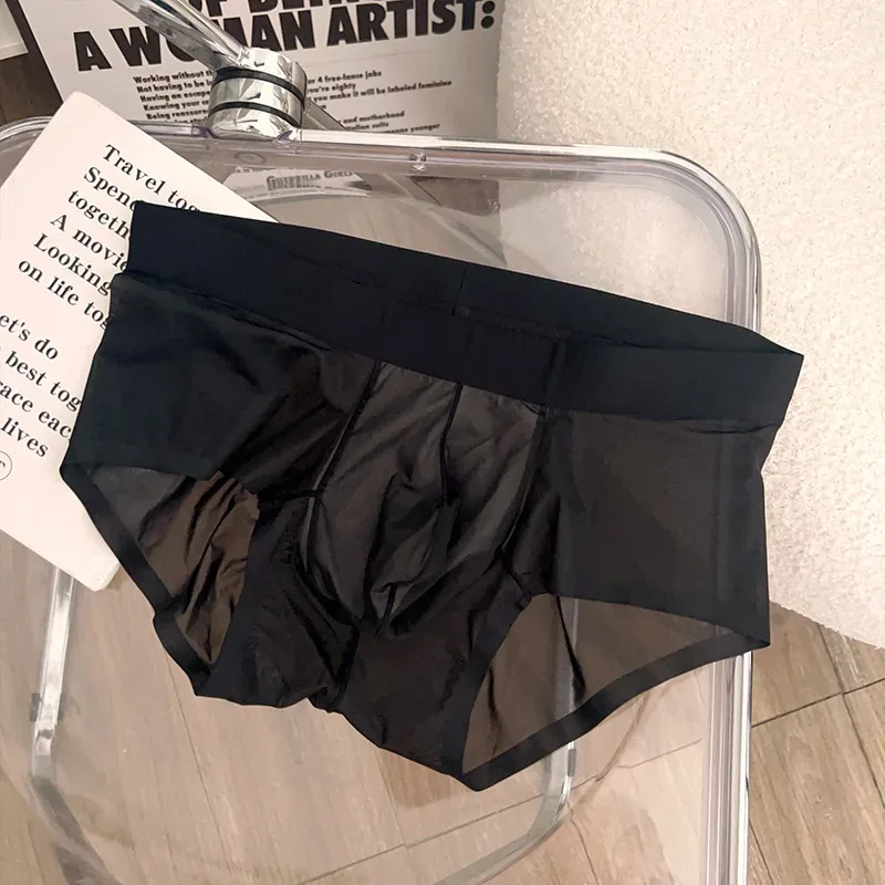 Slips transparents pour hommes Ultra-mince en soie glacée culotte à séchage rapide Sexy U poche bombée sous-vêtements pour hommes caleçons respirants Cuecas