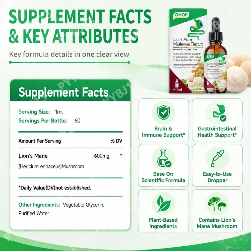 Lion's Mane Mushroom Extract Drops 60ml Hericium Erinaceus Supports Brain Immune Health Vegan Liquid Supplement for Adults — image 3