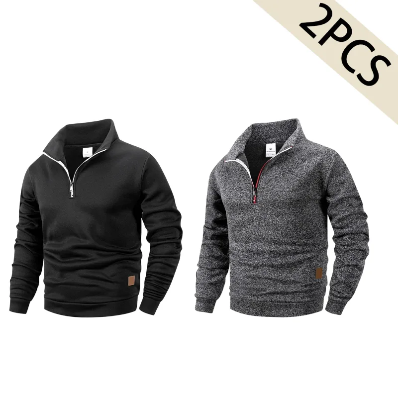 2Pcs Set Men 1/4 Zip Mock Neck Sweatshirt, Fleece Lined Pullover with Ribbed Cuffs Warm Casual Top for Fall Winter Daily Wear