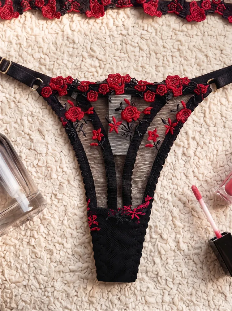 Women's Fishbone Bra Set Romantic Floral Embroidery Mesh Intimate Underwear Padded Push Up Brassiere&Thong 2 Pieces Lingerie Set — image 6