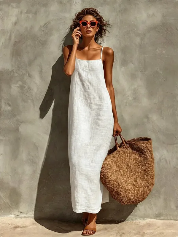 2026 Summer Women Cotton Linen Spaghetti Strap Maxi Dress Solid Color Loose Sleeveless Slip Long Dress Bohemian Beach Vacation S