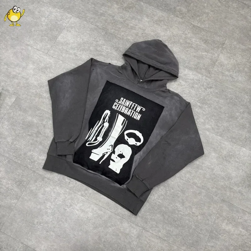 25FW Washed Grey SAINT Hoodies Men Woman Oversize Streetwear Damaged Hooded Pullovers Graphic Print Sweatshirts