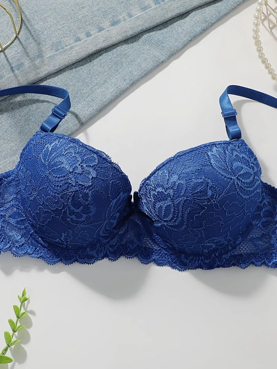 Blue Lace Push Up Bra Set Women Sexy Underwire Bra & Panty Set Lingerie Sets Breathable Ladies Intimates