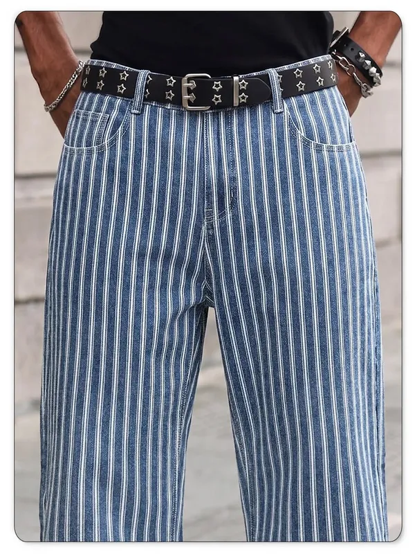 Men's Blue White Striped Jacquard Straight Leg Jeans Baggy Casual Pants Suitable for Work and Leisure Without Elasticity