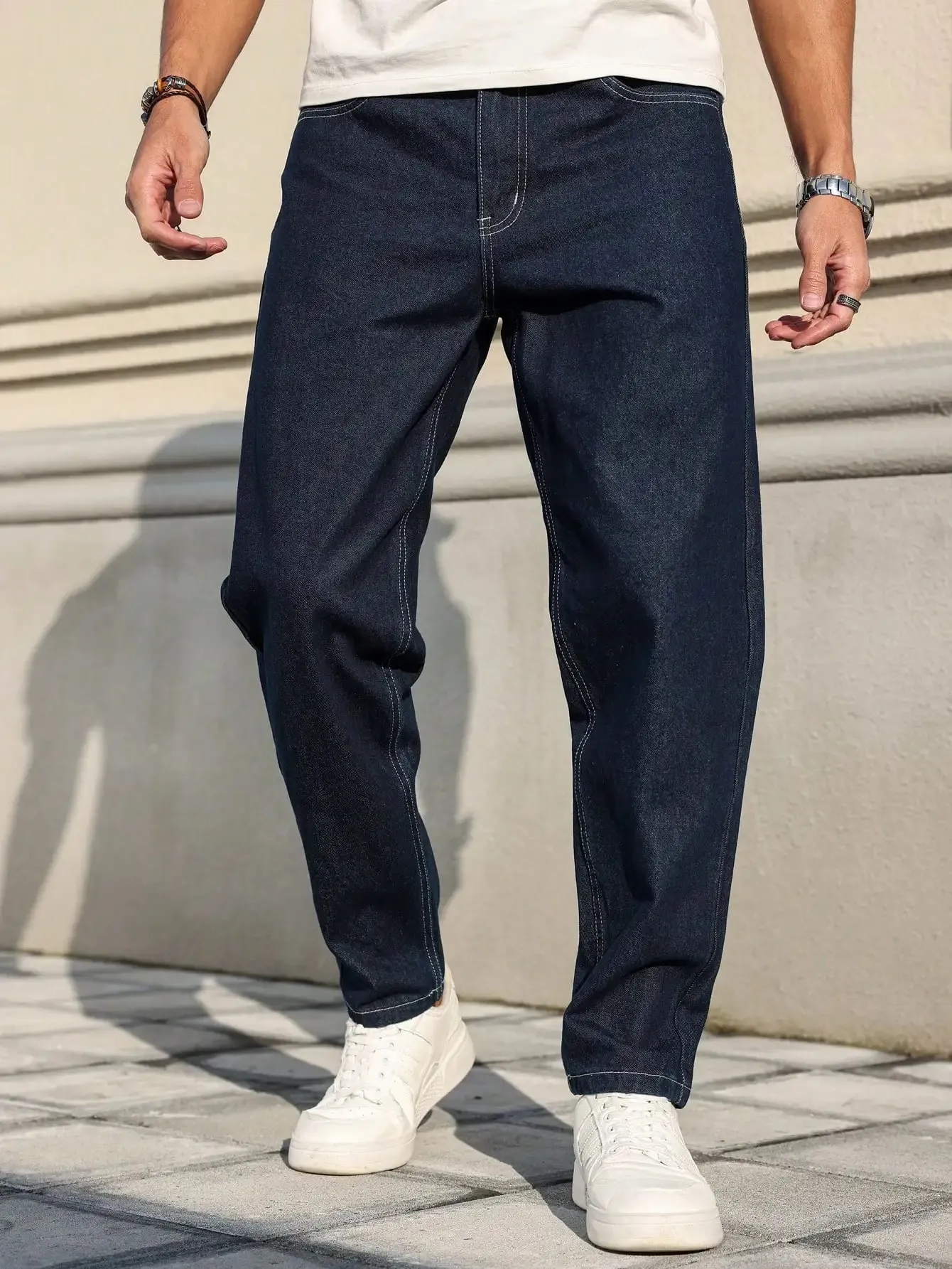 Men Raw Dark Blue Denim Jeans Contrast Stitching Loose Tapered Pants Vintage Non‑wash Straight Taper Trousers Streetwear