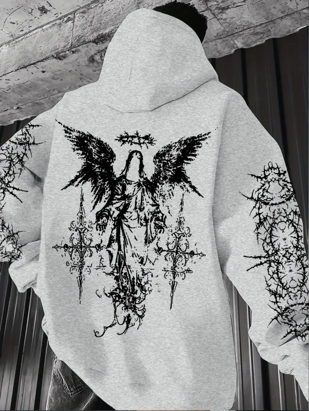 Men's Angel-themed graffiti thorn print streetwear hip-hop punk style hooded sweatshirt regular fit version sweatshirt hoodie