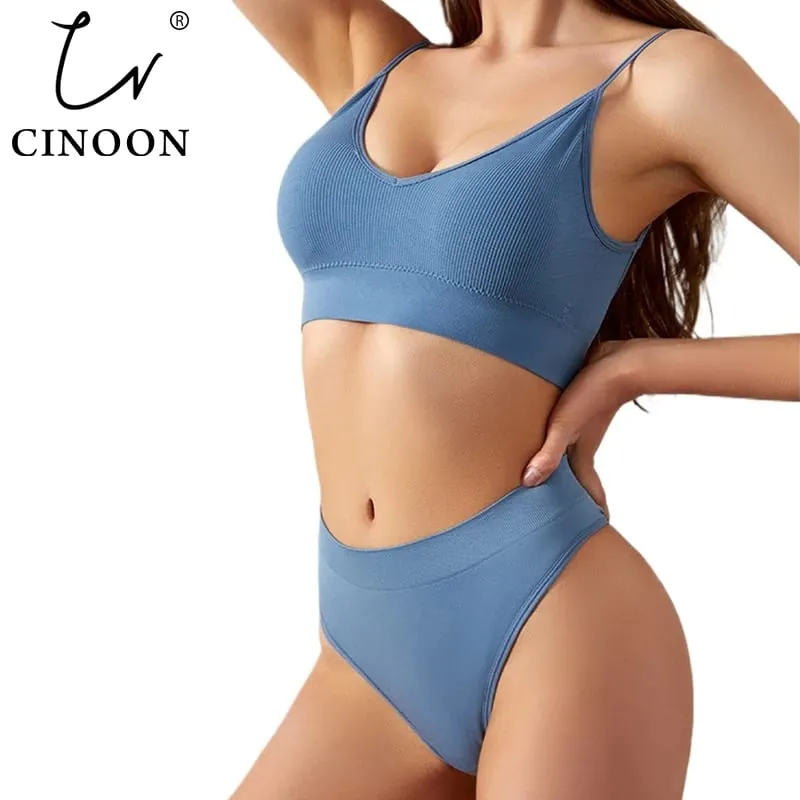 Women Seamless Ribbed Bra Set Wireless Deep V Bralette Top Panties Two Piece Lingerie Set Sport Fitness Underwear