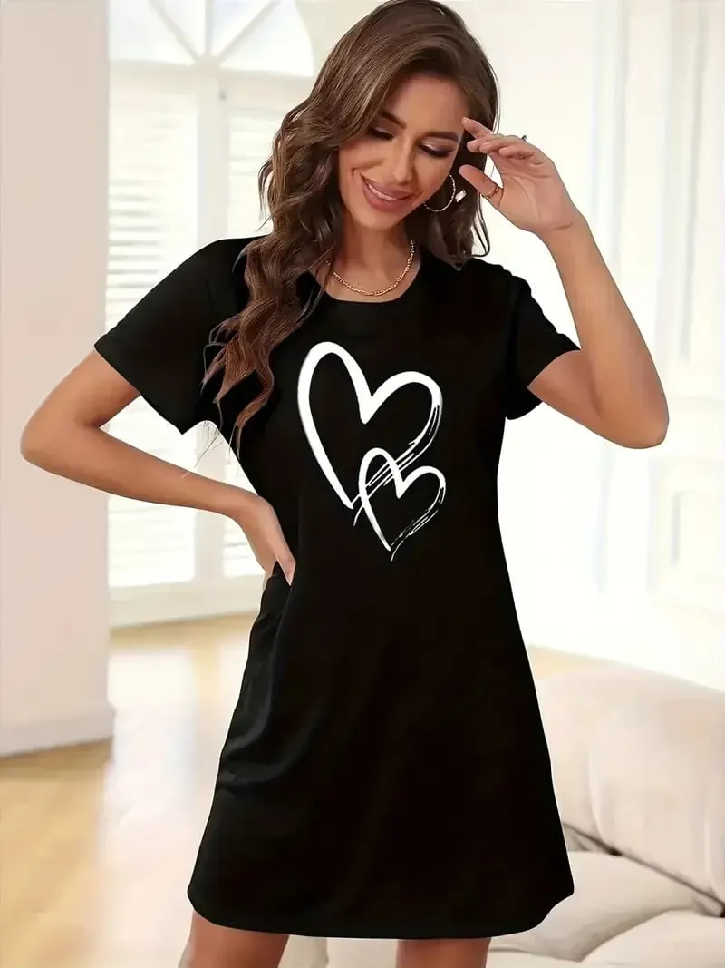 Women's Fashionable Love-Print Short-Sleeved Round-Neck Elegant Dress