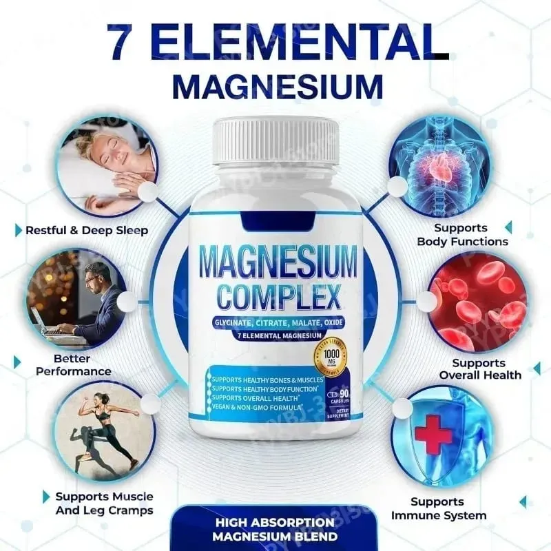 Supplément de magnésium 1000 mg complexe 7 en 1 avec glycinate citrate malate taurate soutient la relaxation musculaire soutien au sommeil 90 Ct
