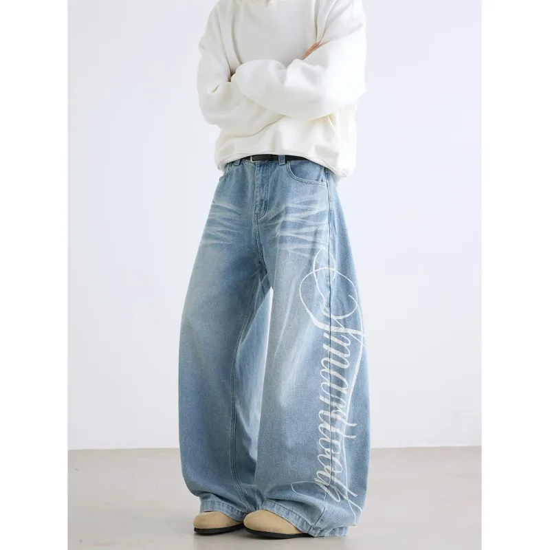 Y2k Printed Letter Baggy Jeans Men Wide Loose Curved Pants Streiaght Long Trousers Work Wear Denim Pants Casual