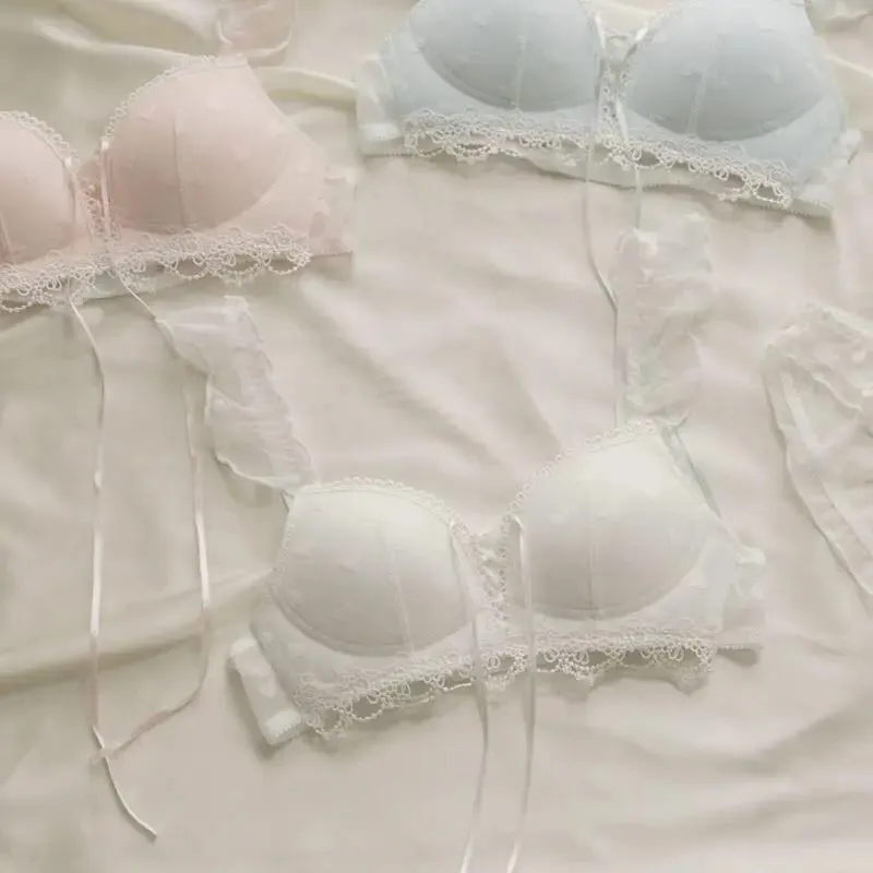 Japanese Kawaii Lingerie Set Small Chest Sweet Heart Print Wireless Bralette & Panty Set Comfortable Anti-Sagging Bra for Women