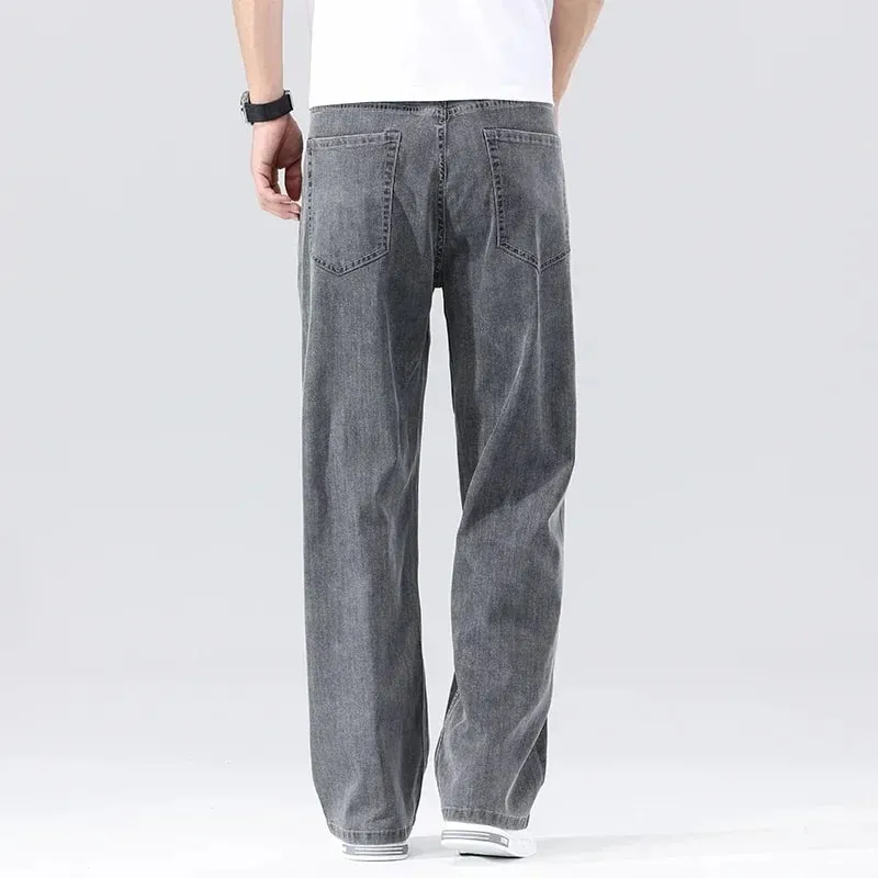 Men's Loose Jeans Summer Fashion Drape Soft Fabric Ultra Thin Pants Wide Legs Ice Silk Lyocell Business Straight Denim Trousers — image 7