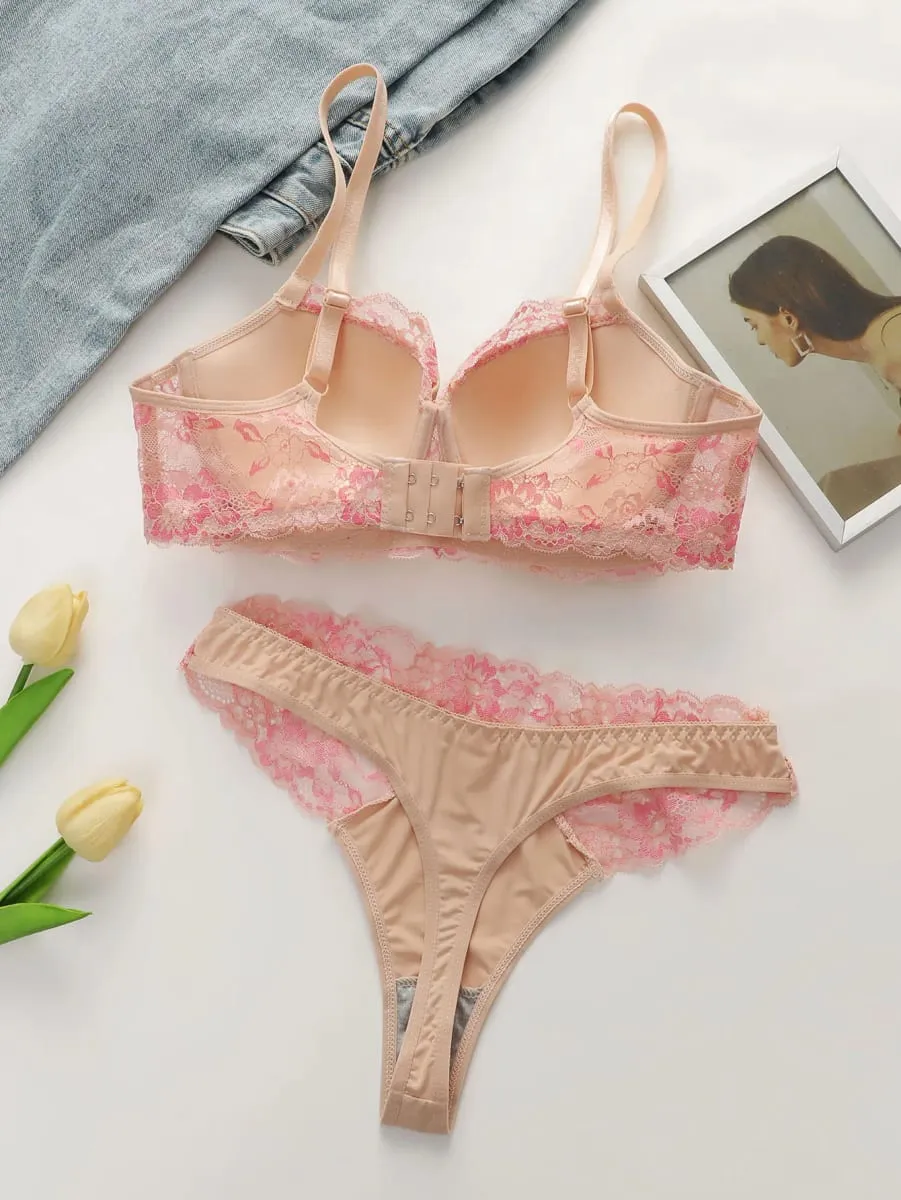 Women's Push Up Bra Set with Eyelash Lace Set Trim High Elasticity Smooth Cup 3D Tailoring Invisible Underwear Set B2631 — image 1
