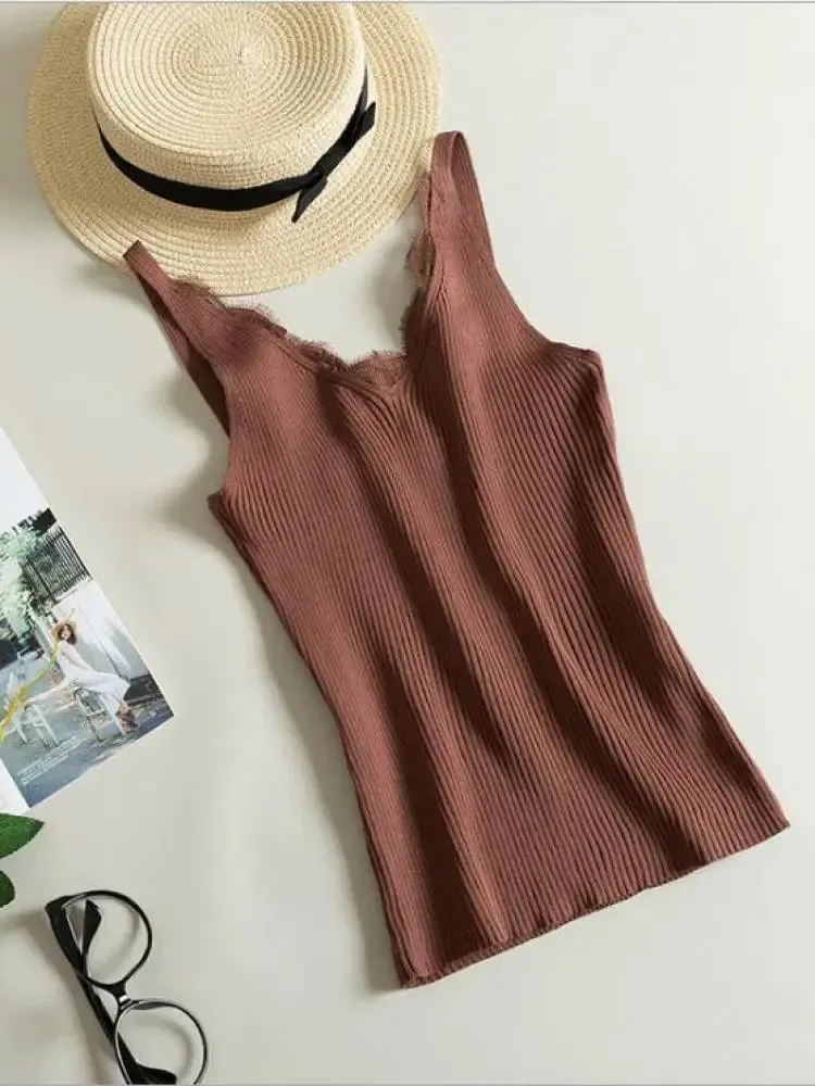 2026 Summer Casual Tops Solid Stitching V-neck Camis Women Hook Flower Lace Tank Female Knitted Short Slim Sleeveless Shirt — image 14