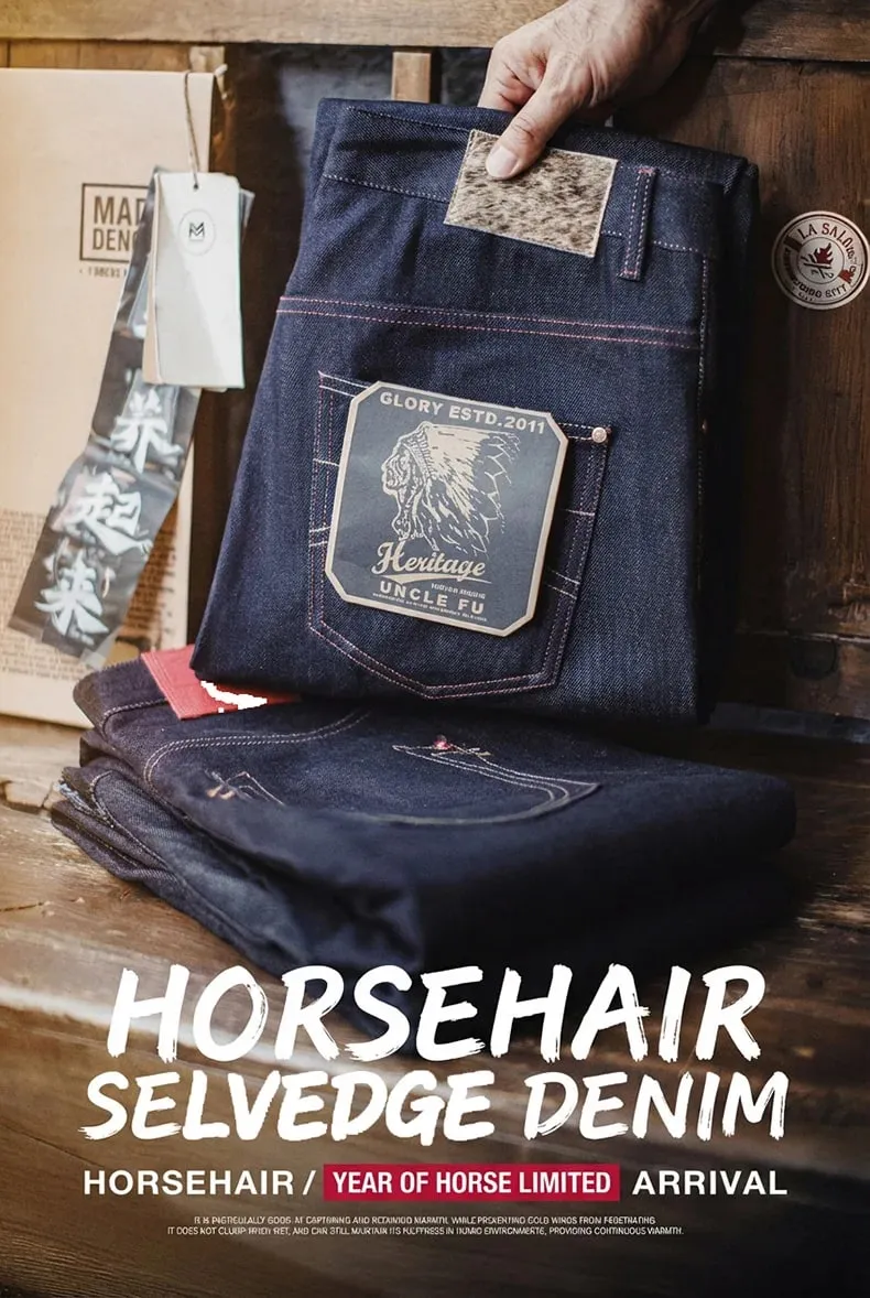 Maden Men's 100% Cotton Vintage Selvedge Raw Denim Jeans with Horse Hair Leather Patch Straight Trousers for Spring Fall Pants — image 9