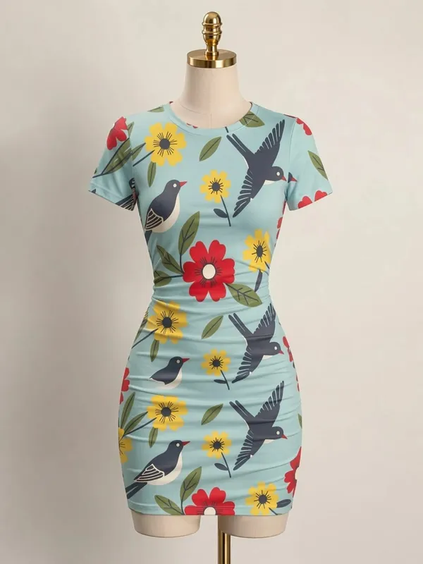 Womens Short Sleeve Bodycon Mini Dress Slim Fit Crew Neck Floral Print Casual Summer Party Cute Stretch Trendy Vacation Sundress — image 9