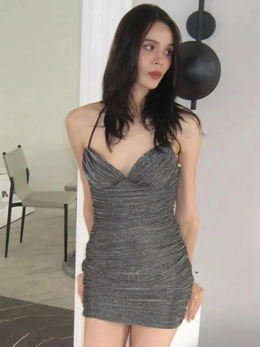 Sexy Beauty Slim Tank Mini Dress V-Neck Slim Hip Open Back Low Breast Night Club Hot Sweet Fashion Korean Women