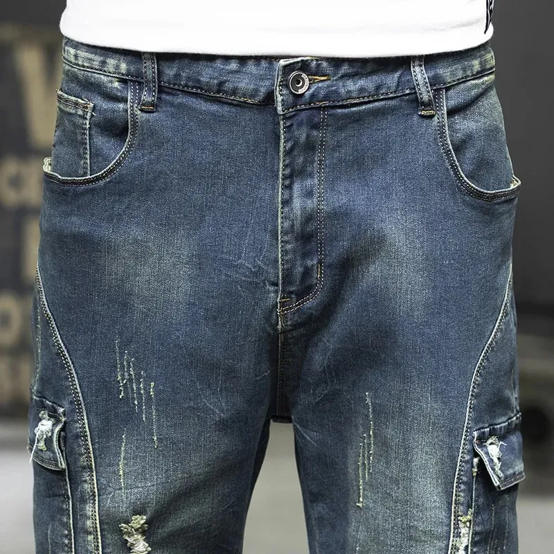 Cargo Man Denim Shorts Knee Length Half Long Bermuda Short Jeans Pants for Men with Pockets Blue Luxury Jorts Thin Streetwear — image 5