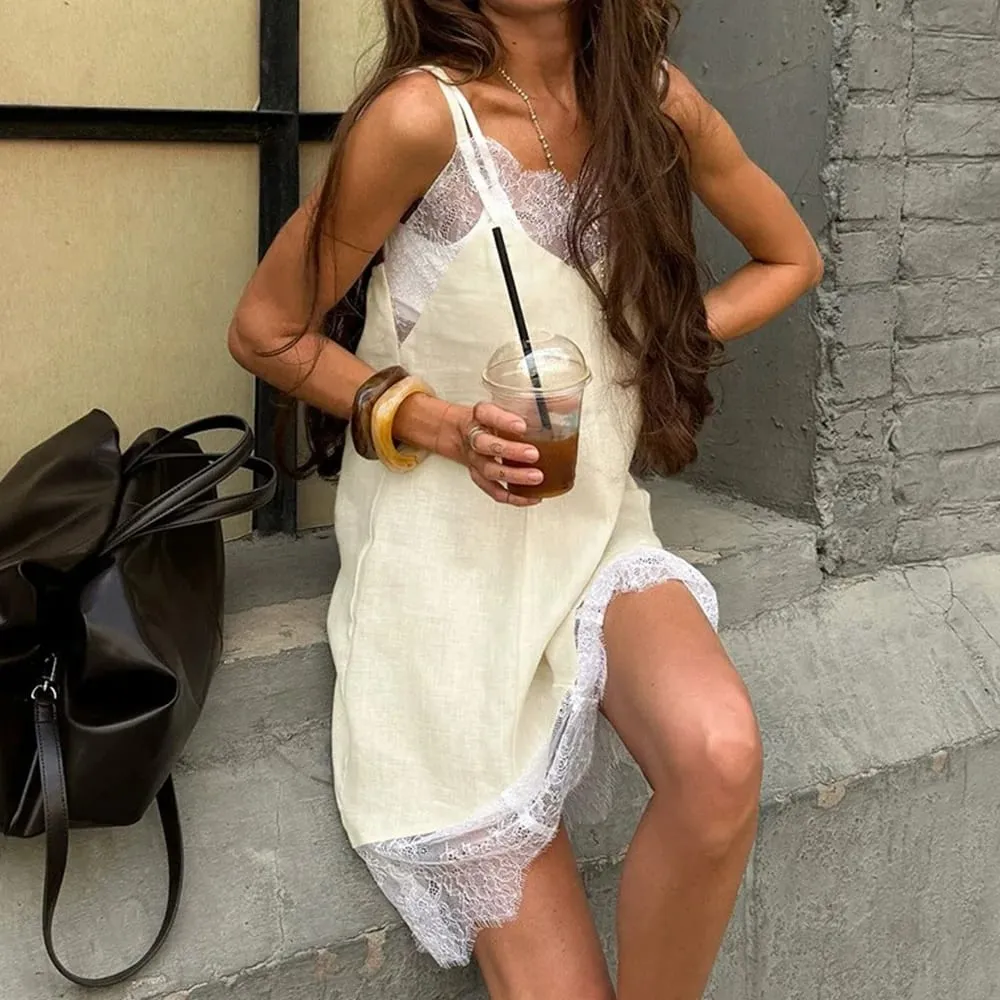 Bornlandies 2026 nouvel été décontracté dentelle Patchwork Camisole jupe coton ample jaune clair robe sans manches